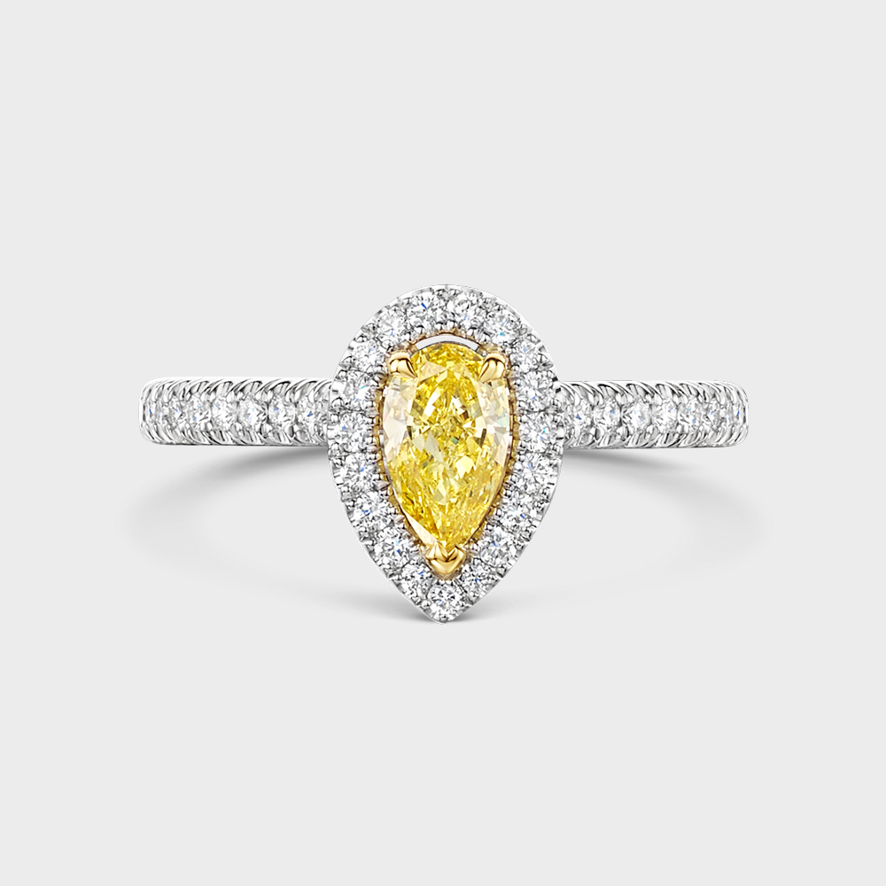 ROX Love Pear Cut Yellow Diamond Halo Ring in Platinum