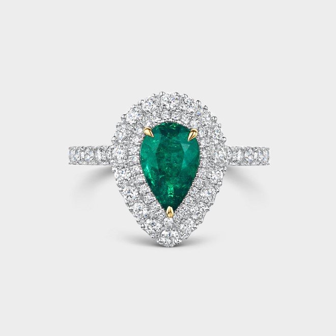 ROX Pear Emerald and Diamond Double Halo Ring