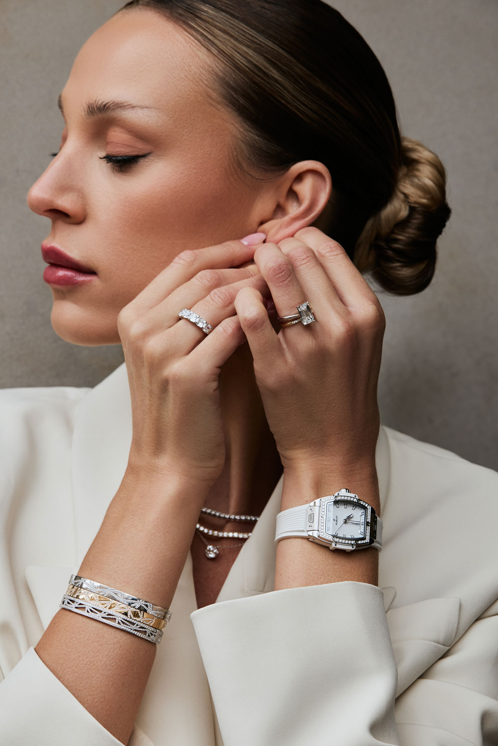 woman wearing diamond jewellery